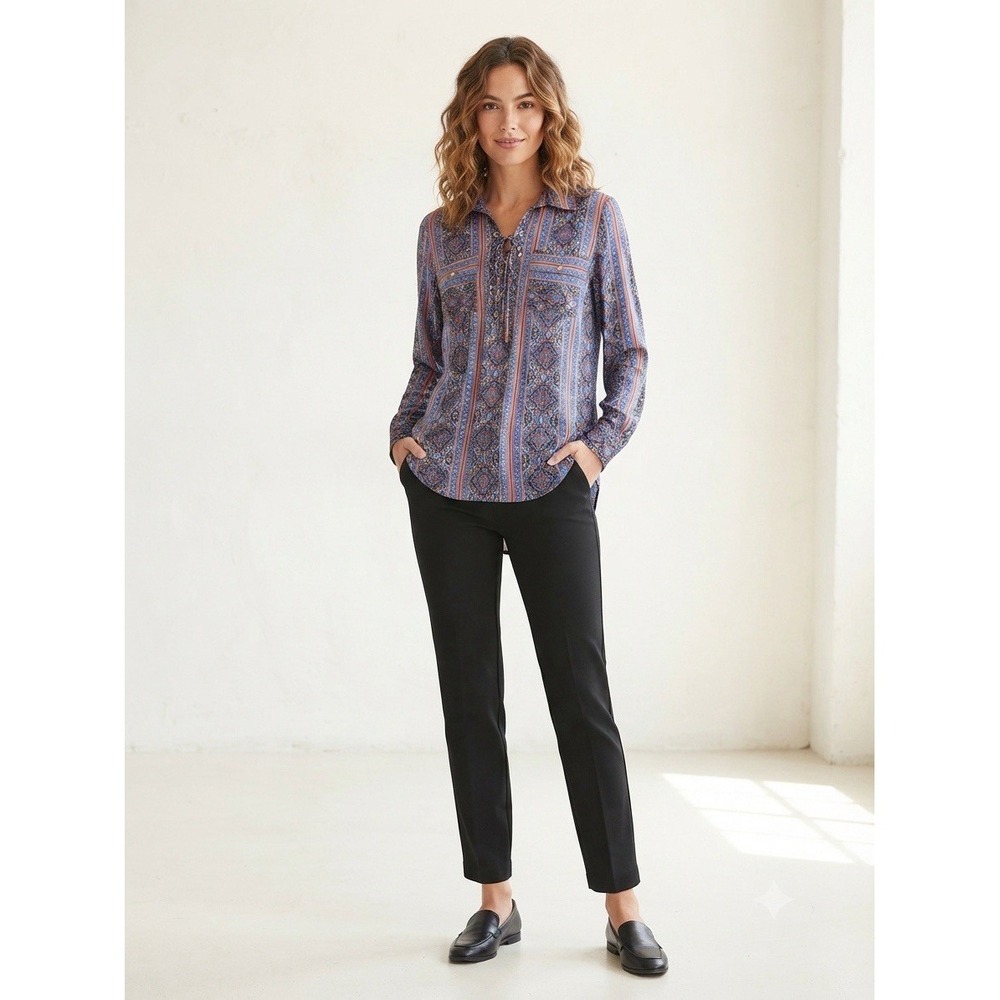 BCBGMAXAZRIA Boho Geometric Print Blouse With Front Workwear Pockets Size L